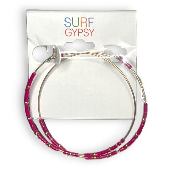 Surf Gypsy Large Red Seed Bead Hoop Earrings 2.75" NWT Gold Tone Boho Statement - Picture 1 of 6